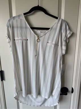 MINE White Striped Blouse with Gold Ring Zipper